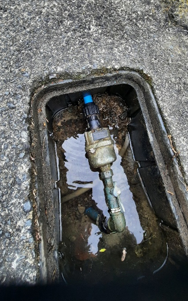 AllGo plumber lifting Allgo plumbing found water main pipe squirting water in toby box